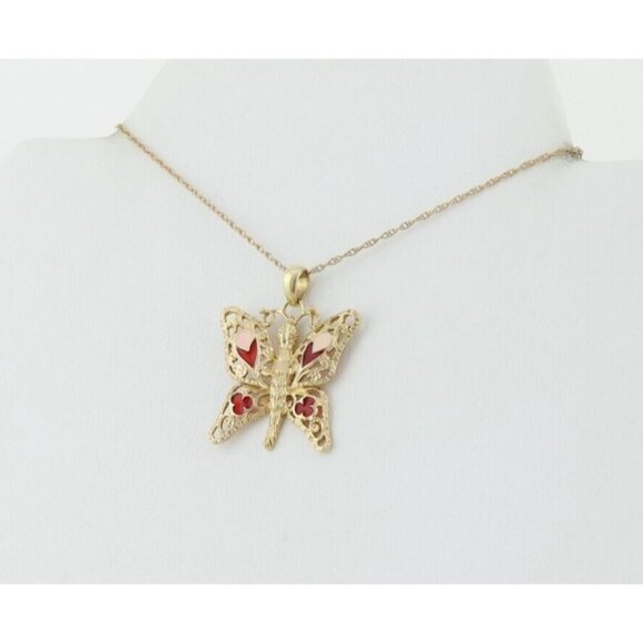 14k Yellow Gold Butterfly Necklace Pink and Red Enamel 18" Chain - Picture 6 of 8